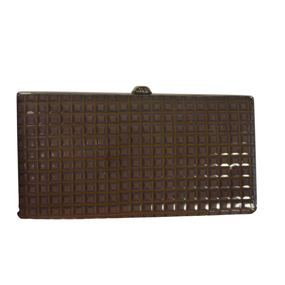 Lodis Clutch Wallet OS Brown Patent Leather Embossed Grid Modern Chic Evening